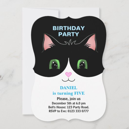 モダン かわいい タキシード 猫の少年 誕生日 招待状 (正面)