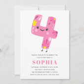 モダン かわいい ピンクの女の子の誕生日 - 4歳の誕生日 招待状 (正面)