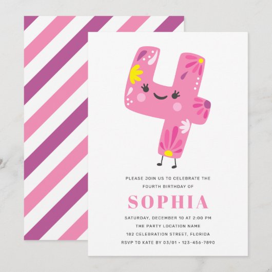 モダン かわいい ピンクの女の子の誕生日 - 4歳の誕生日 招待状 (正面/裏面)