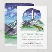 モダン かわいい 水彩 恐竜 緑 誕生日 招待状 (正面/裏面)