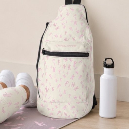 モダン アイボリー 水彩 ピンク 手紙 パターン 名前入り スリングバッグ