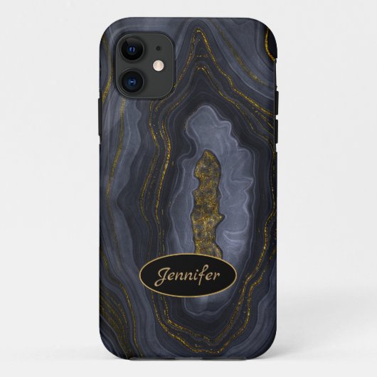 モダン アゲート グレー & ゴールド クリスタル 名入れ Case-Mate iPhoneケース (裏面)