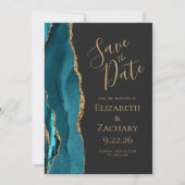 モダン アゲート ティール ゴールド ダーク ウェディング セーブ・ザ・デート 招待状 (正面)