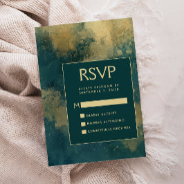モダン アブストラクト ウォーターカラー ティールゴールド 結婚式 RSVP エンクロージャーカード