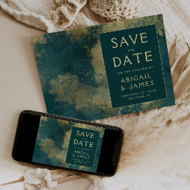 モダン アブストラクト ティールゴールド ウェディング セーブザデート 招待状