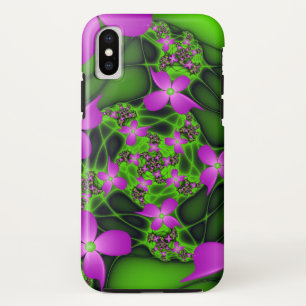 モダン アブストラクト ネオン ピンク グリーン フラクタル フラワー iPhone XSケース