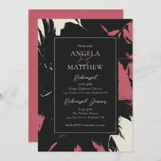 モダン アブストラクト フラワー マゼンタ ブラック 招待状 (正面/裏面)