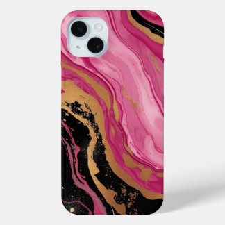 モダン アブストラクト マゼンタ ピンク ゴールド グリッター ブラック iPhone 15 MINIケース