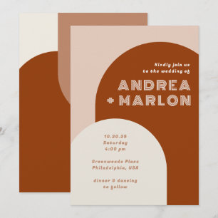 モダン アーチ グルービー レトロ テラコッタ ウェディング 招待状