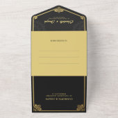 モダン アートデコ スワン ゴールド ブラック ウェディング オールインワン招待状 (外側)