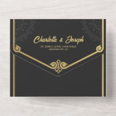 モダン アートデコ スワン ゴールド ブラック ウェディング オールインワン招待状 (裏面)