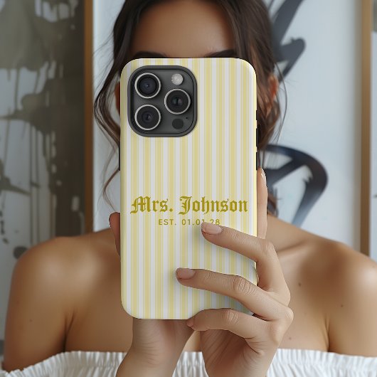 モダン イエロー ストライプ 結婚記念日 新婚カップル iPhoneケース