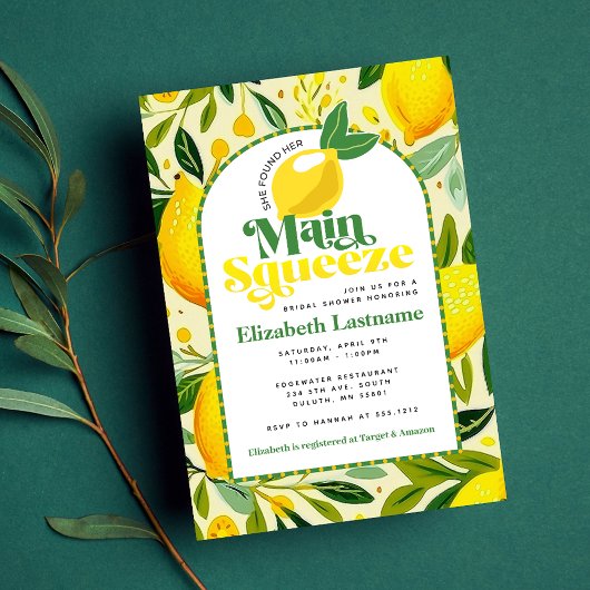モダン イエロー レモン メイン スクイーズ ブライダル シャワー 招待状