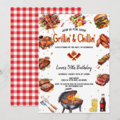 モダン・ウォーターカラー グリル&チル BBQ バースデーパーティー 招待状 (正面/裏面)