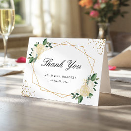 モダン ウォーターカラー ゴールド グリーン フローラル サンクス サンキューカード