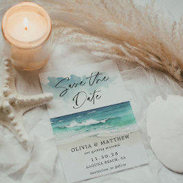 モダン ウォーターカラー スクリプト オーシャンビーチ QRコード セーブザデート