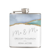 モダン ウォーターカラー ティール ダスティーブルー Mr. Mr. ウェディング フラスク (正面)
