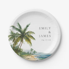 モダン ウォーターカラー トロピカル ビーチ ウェディング ペーパープレート