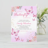 モダン ウォーターカラー ピンク バタフライ ガール ベビーシャワー 招待状 (スタンド正面)