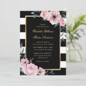 モダン ウォーターカラー ピンク フローラル ゴールド ブラック ウェディング 招待状 (スタンド正面)