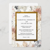 モダン ウォーターカラー フローラル オーキッド ゴールド フレーム 招待状 (正面/裏面)