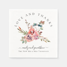 モダン ウォーターカラー フローラル サンクスネーム ウェディング スタンダードカクテルナプキン