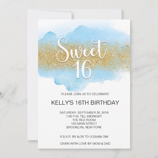 モダン・ウォーターカラー・ブルーのSweet 16・シックスティーン 招待状 (正面)