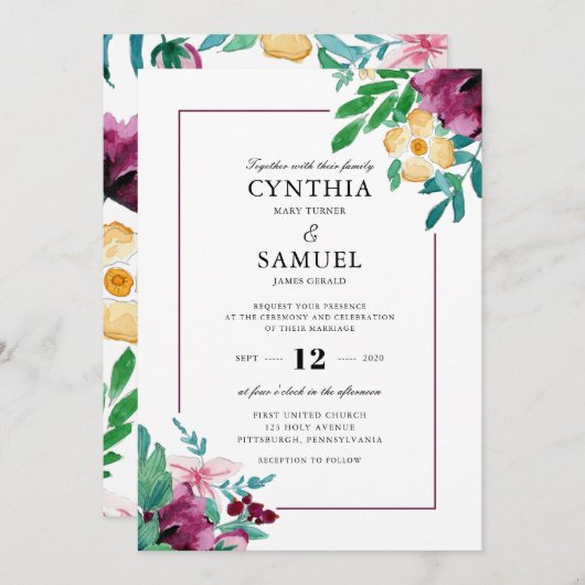 モダン・ウォーターカラー・ブルームズ ウェディング 招待状 (正面/裏面)