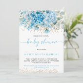 モダン ウォーターカラー ブルー ゴールド フラワー ベイビー シャワー 招待状 (スタンド正面)