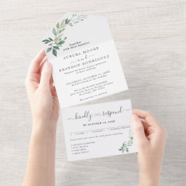 モダン ウォーターカラー ユーカリの葉 グリーン オールインワン招待状