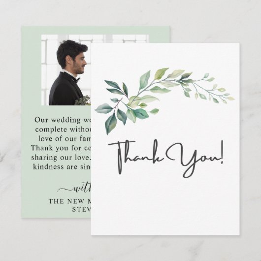 モダン ウォーターカラー ユーカリの葉 グリーン サンキューカード (正面/裏面)