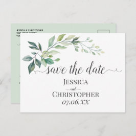 モダン ウォーターカラー ユーカリの葉 グリーン 案内ポストカード