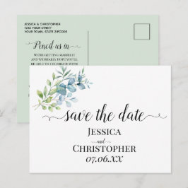 モダン ウォーターカラー ユーカリ グリーン ウェディング 案内ポストカード