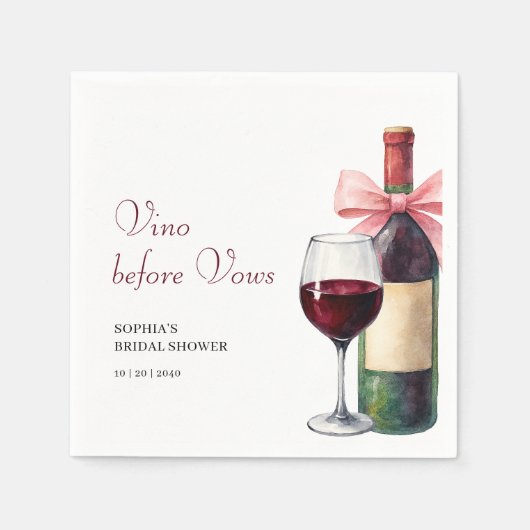 モダン ウォーターカラー ヴィノ ビフォー ヴォウズ ブライダル シャワー スタンダードカクテルナプキン (正面)