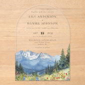 モダン ウォーターカラー 山のワイルドフラワー ウェディング アーチ アクリル招待状 (正面)