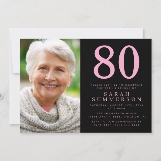 モダン エイティ ピンク ブラック 写真 80歳の誕生日 招待状 (正面)