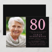 モダン エイティ ピンク ブラック 写真 80歳の誕生日 招待状 (正面/裏面)