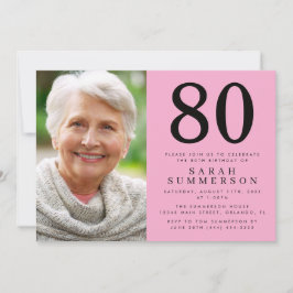 モダン エイティ ピンク ブラック 写真 80歳の誕生日 招待状