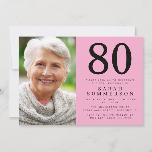 モダン エイティ ピンク ブラック 写真 80歳の誕生日 招待状 (正面)
