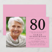 モダン エイティ ピンク ブラック 写真 80歳の誕生日 招待状 (正面/裏面)