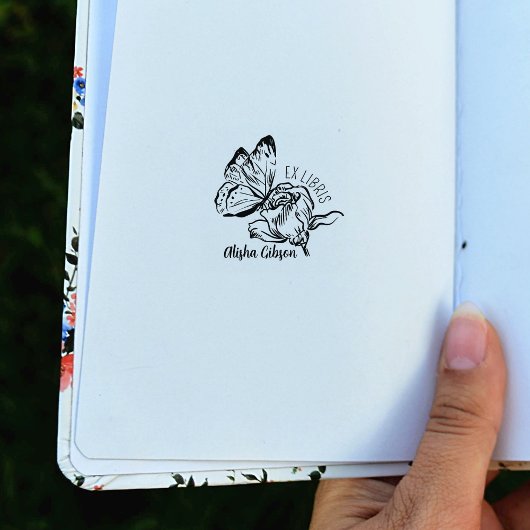 モダン エクス ライブリシス フラワー バタフライ、ブック ラバースタンプ