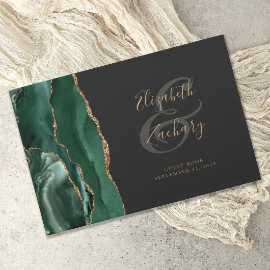 モダン エメラルドグリーン アゲート ゴールド スクリプト ダーク ゲストブック
