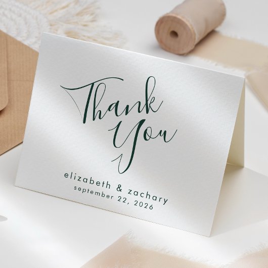 モダン エメラルドグリーン 手書き風スクリプト 結婚式 御礼 カード