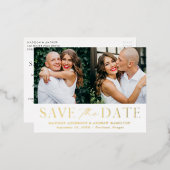 モダン・エレガンス2枚の写真の結婚式Save the Date 箔招待状ポストカード (正面/裏面)