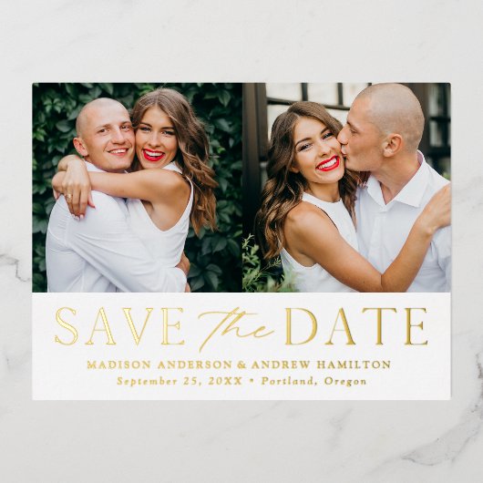モダン・エレガンス2枚の写真の結婚式Save the Date 箔招待状ポストカード (正面)