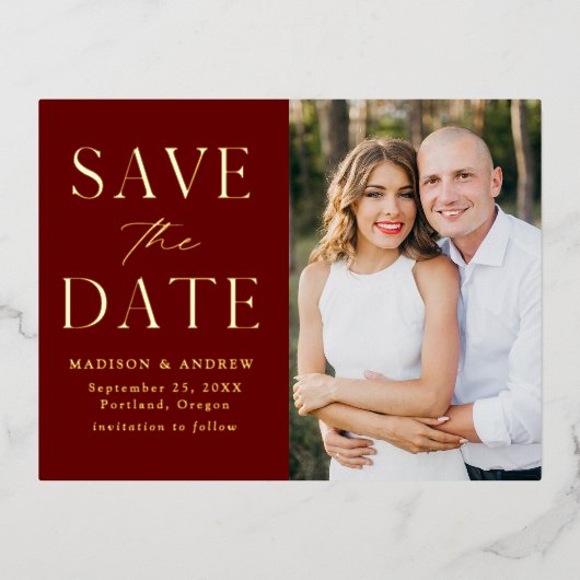 モダン・エレガンス 結婚式のSave the Date 箔招待状ポストカード (正面)