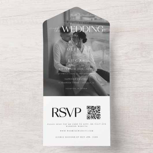 モダン&エレガント白黒フォト結婚ズ オールインワン招待状 (内側)