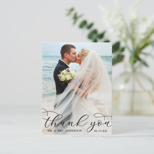 モダン エレガント カリグラフィー フォト ウェディング サンクス ポストカード (スタンド正面)