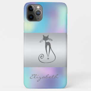 モダン エレガント ガーリー 猫 ブルー ホログラフィック iPhone 11 PRO MAXケース