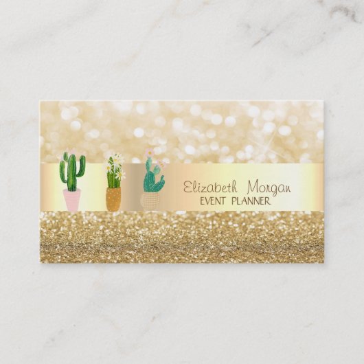 モダン エレガント グリッター,ボケ,サボテン 名刺 (正面)